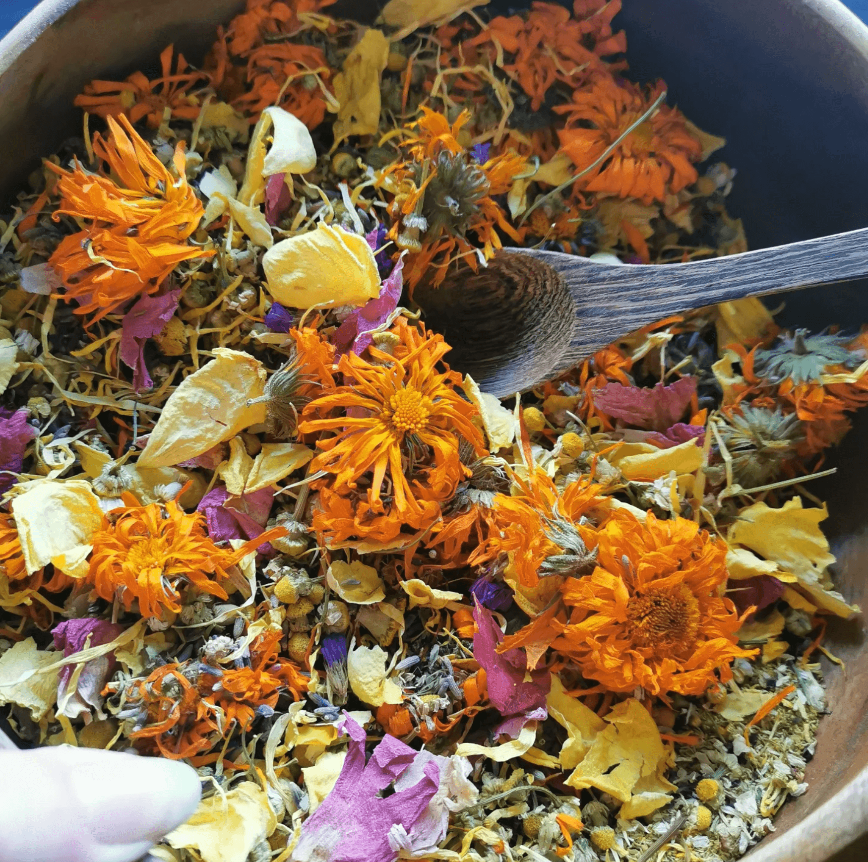 Bowl of dried calendula, chamomile and rose petals with a wooden spoon — Ruby & Elm Herbal Boutique